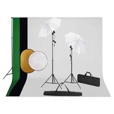 VD Fotostudioset met lampen, paraplu's, achtergrond en reflector