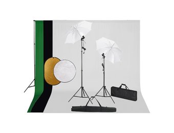 VD Fotostudioset met lampen, paraplu's, achtergrond en reflector