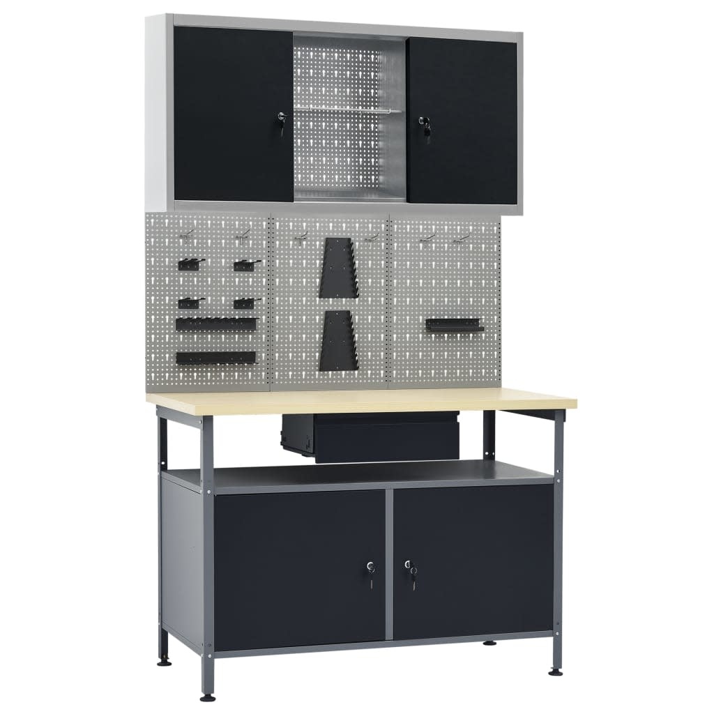 VD Werkbank mit drei Wandpaneelen und einem Schrank