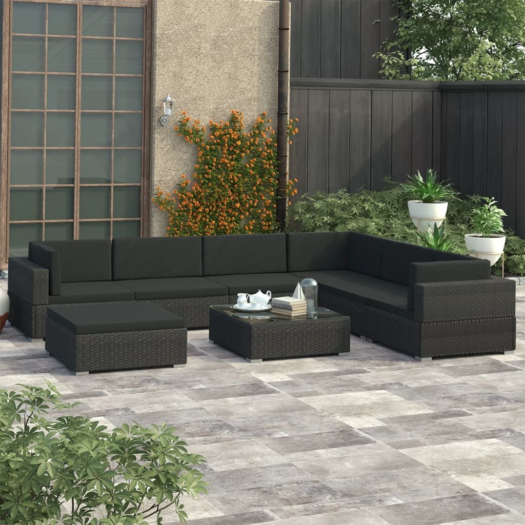 VD 8 delige Loungeset met kussens poly rattan zwart