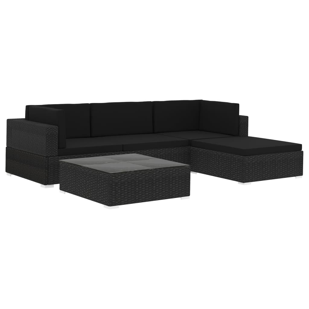 VD 5-delige Loungeset met kussens poly rattan zwart