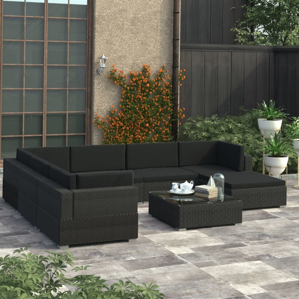 VD 8 delige Loungeset met kussens poly rattan zwart