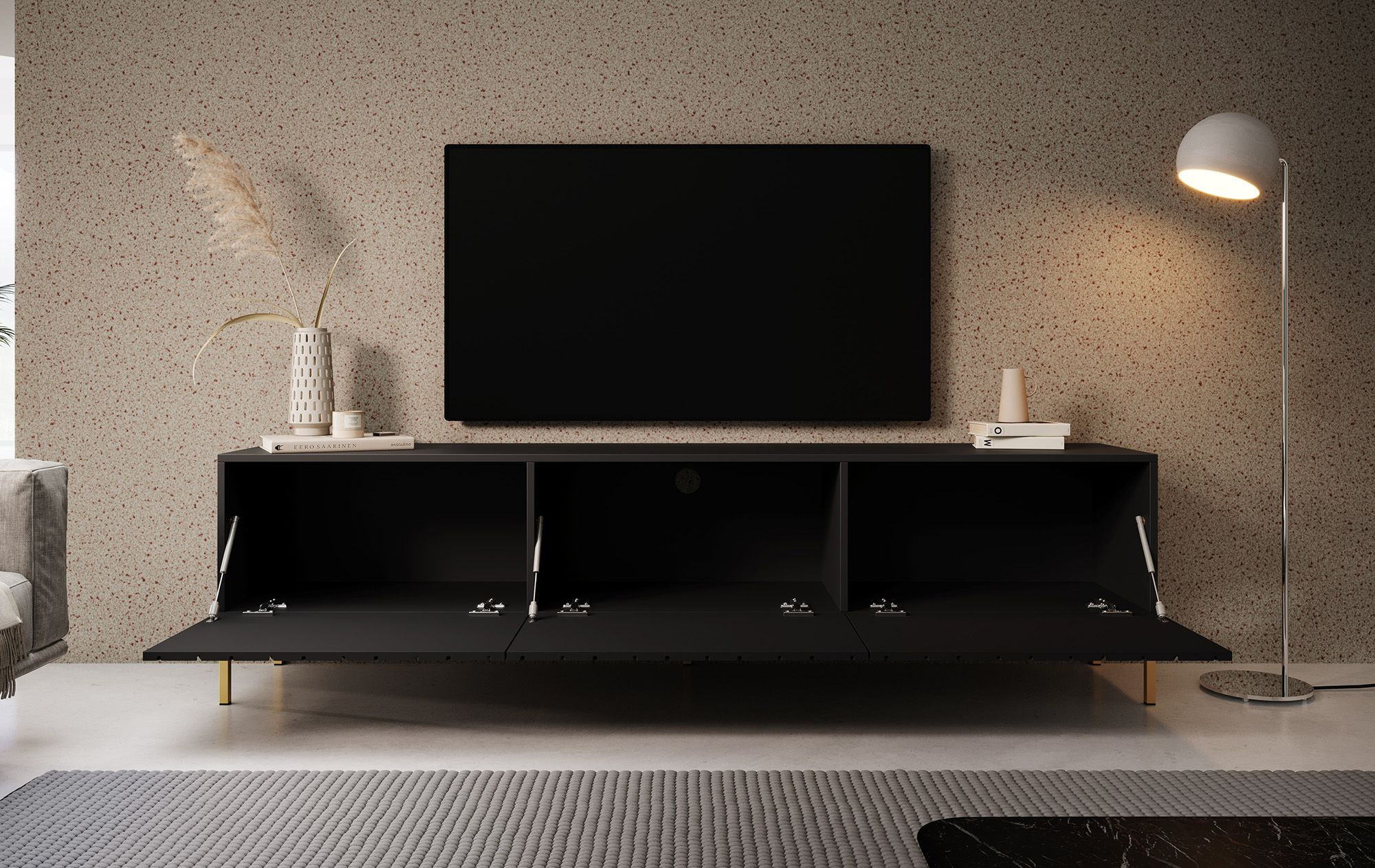 TV Meubel zwart modern Design met gouden pootjes 190cm