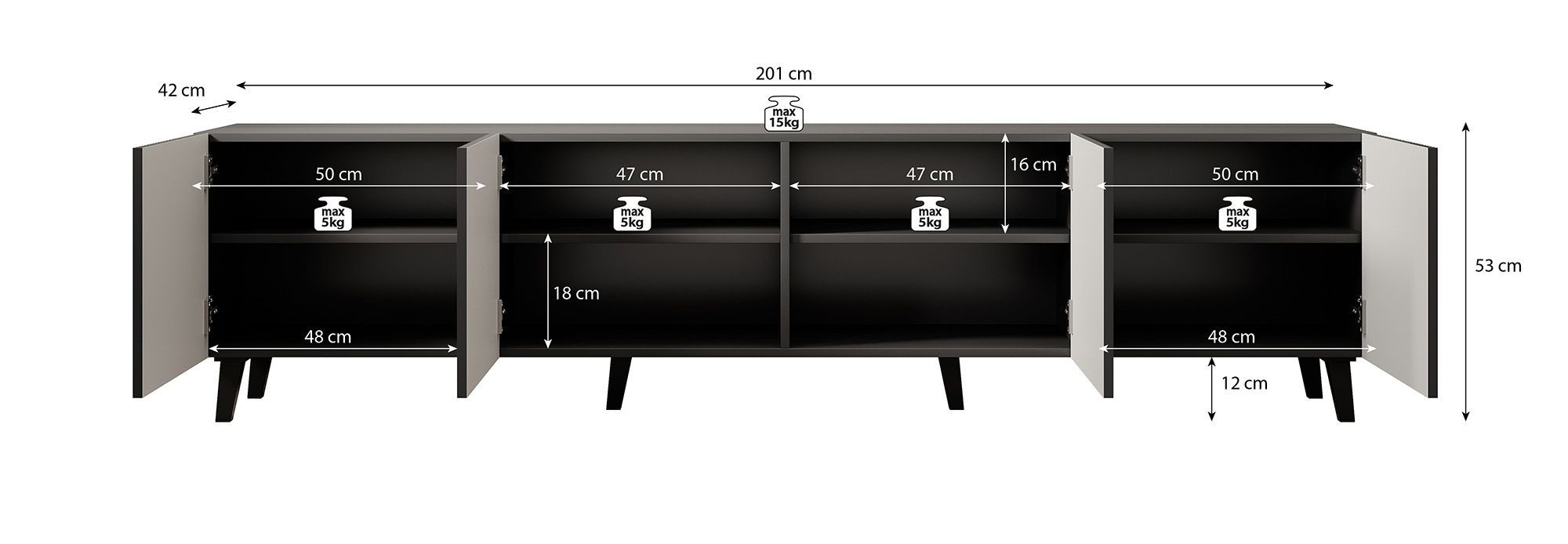 Tv meubel Modern design 201x42x53 cm Latten patroon Zwart