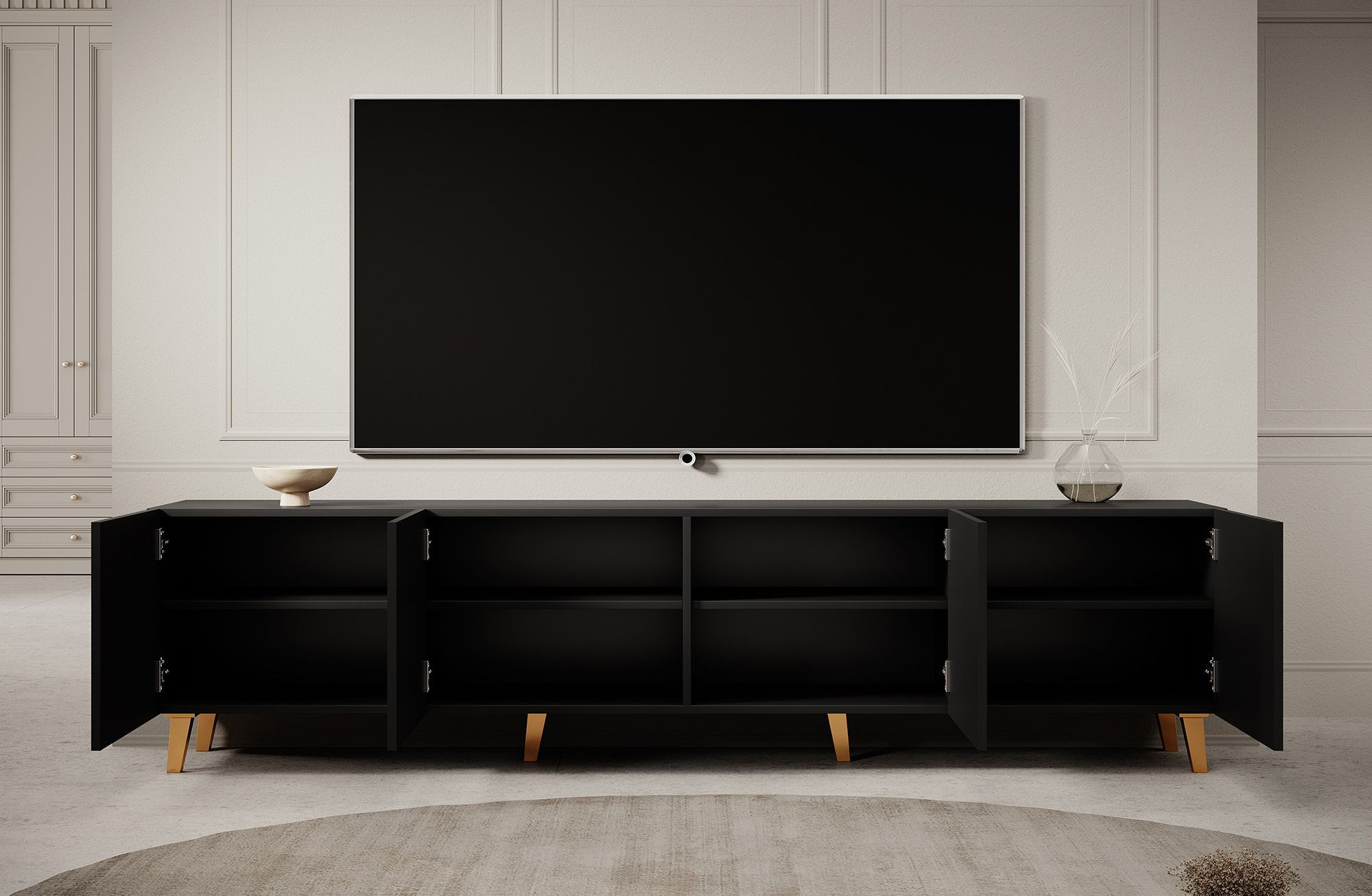 Tv meubel Modern design 201x42x53 cm Latten patroon Zwart