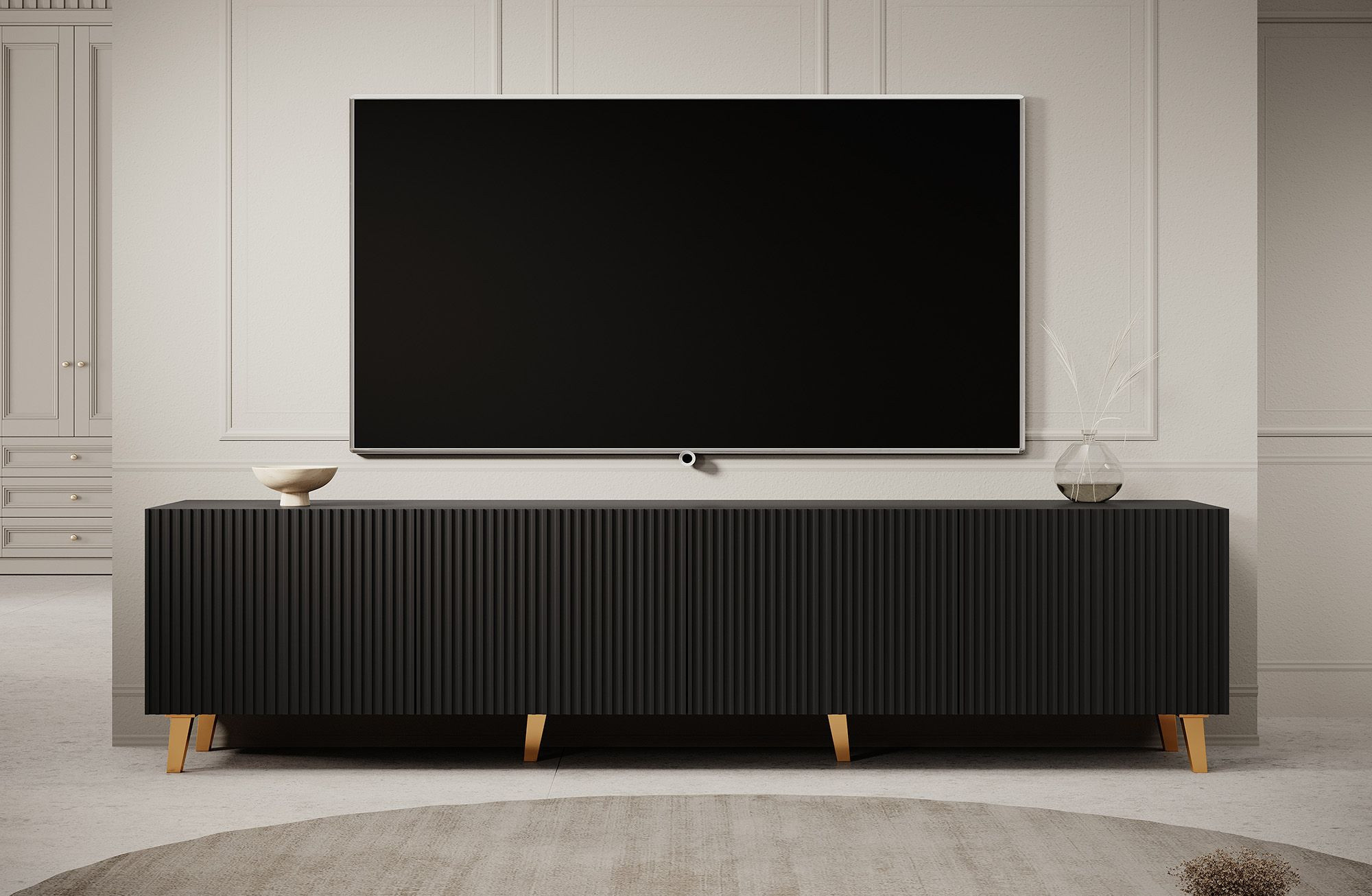 Tv meubel Modern design 201x42x53 cm Latten patroon Zwart