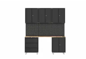 Premium black workshop equipment with workbench and tool cabinets 9 parts