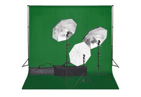 VD  Fotostudioset met verlichtingsset en achtergrond
