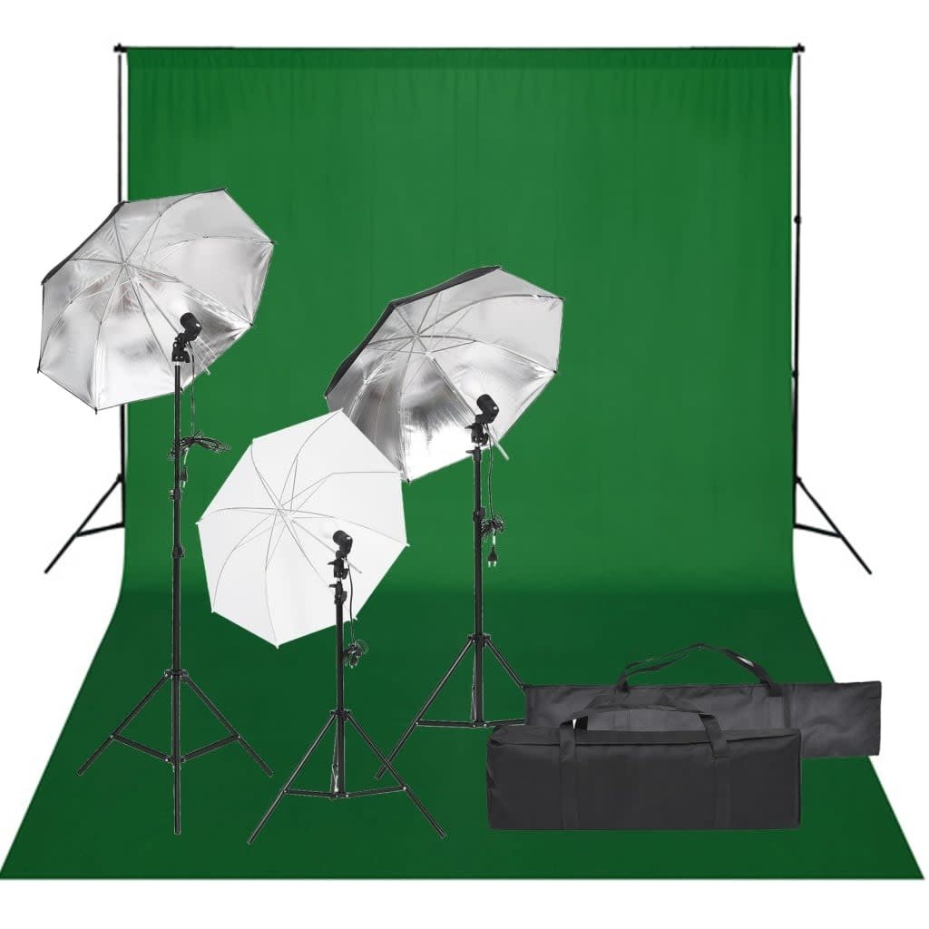 VD  Fotostudioset met verlichtingsset en achtergrond