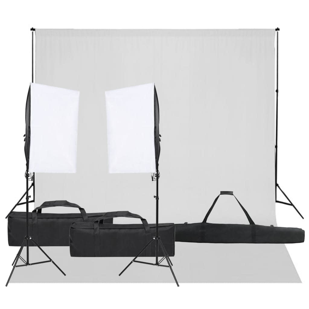 VD  Fotostudioset met verlichtingsset en achtergrond