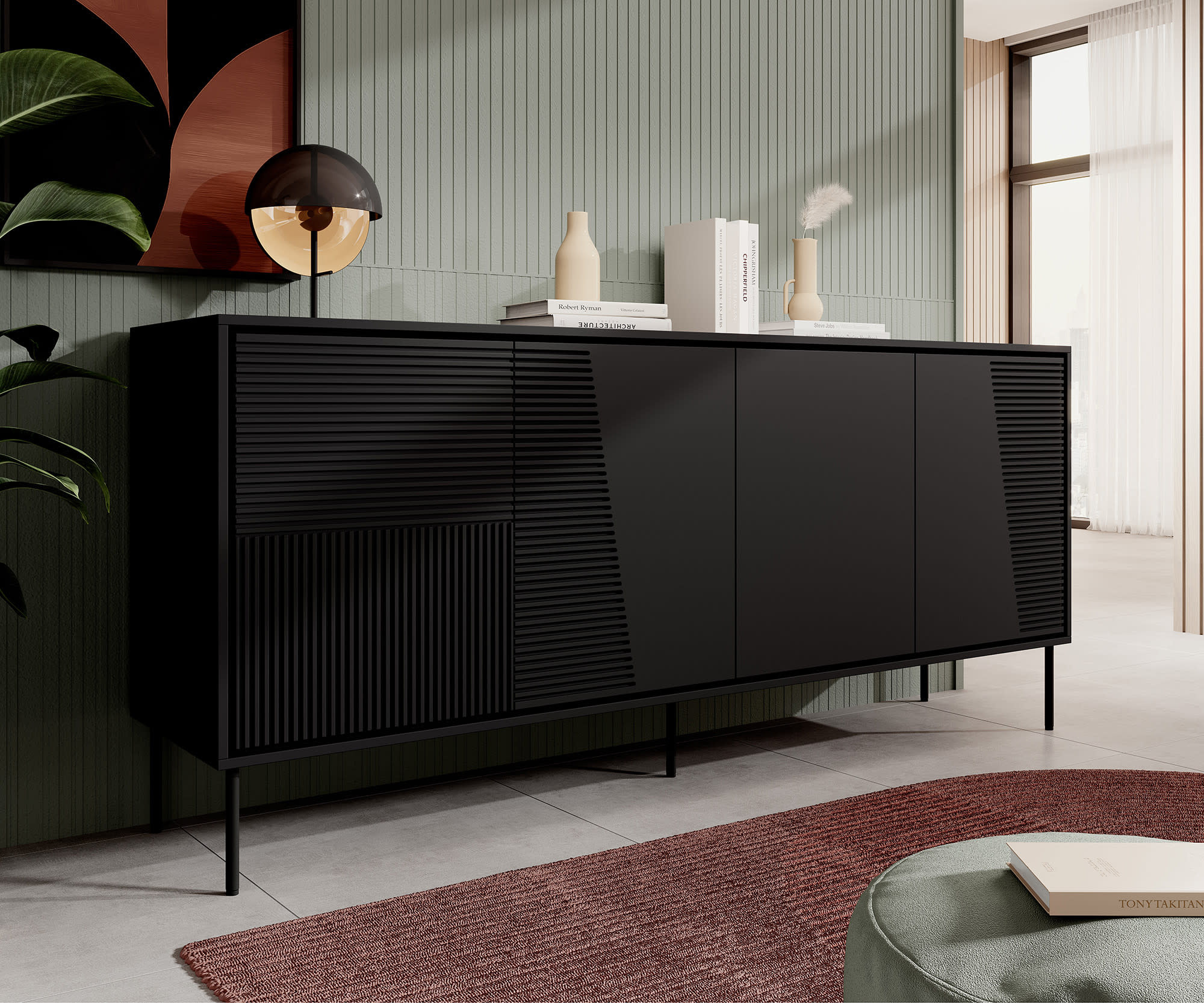 TM Dressoir gestreept Mat zwart  200 cm