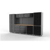 Premium zwarte werkplaatsinrichting met werkbank en gereedschapskasten 14 delig