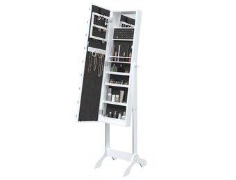 TM spiegel opberg make up/sieraden vrijstaand met LED's 34x37x146 cm wit