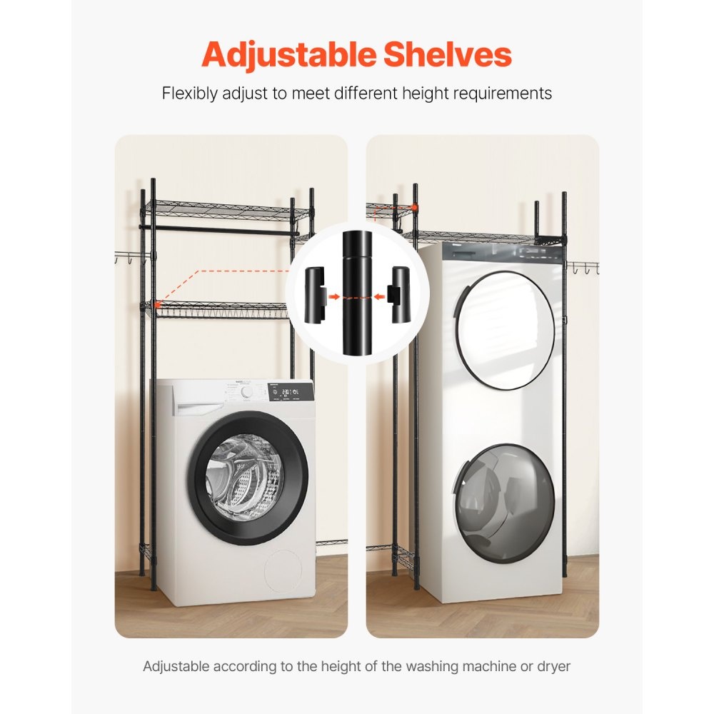 TM Opbergrek boven wasmachine/droger, dubbele rij, 4 lagen, zwart
