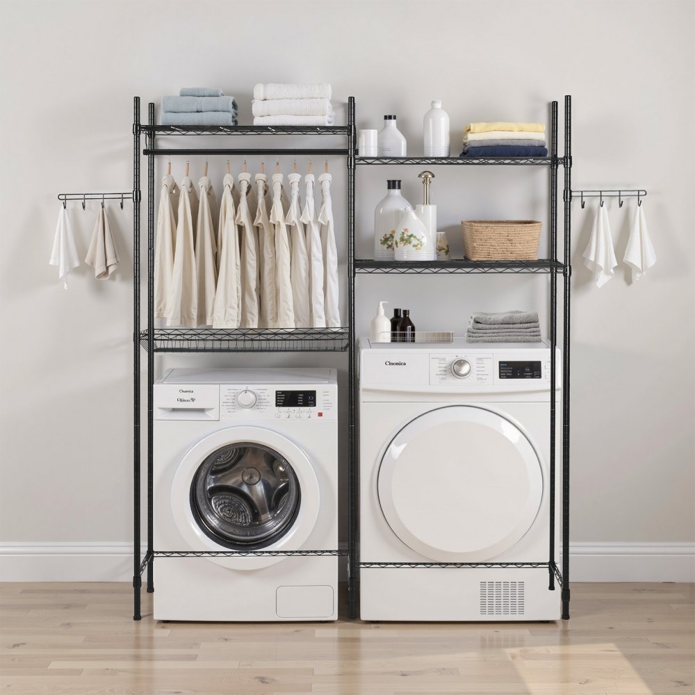 TM Opbergrek boven wasmachine/droger, dubbele rij, 4 lagen, zwart