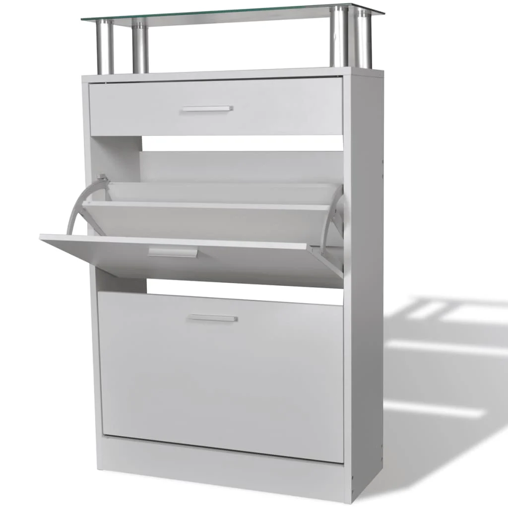 TM Schoenenkast met lade en glazen schap wit hout