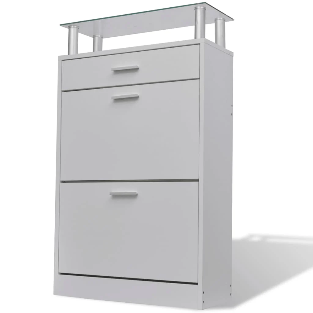 TM Schoenenkast met lade en glazen schap wit hout