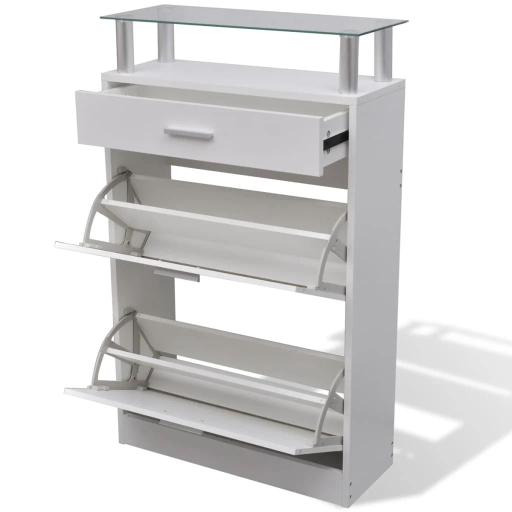 TM Schoenenkast met lade en glazen schap wit hout