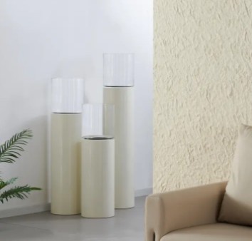 TM Luxe Windlicht op pilaar creme 3 delig: H90 + H110 + H130 cm