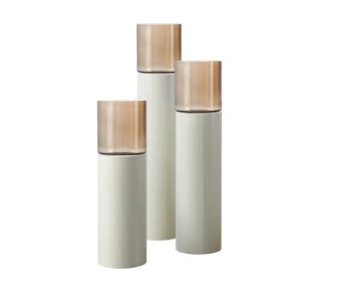 TM Luxe Windlicht op pilaar creme/bruine glas 3 delig: H90 + H110 + H130 cm