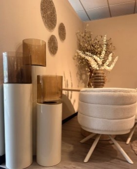 TM Luxe Windlicht op pilaar creme/bruine glas 3 delig: H90 + H110 + H130 cm