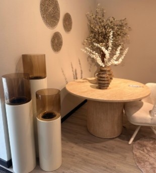 TM Luxe Windlicht op pilaar creme/bruine glas 3 delig: H90 + H110 + H130 cm