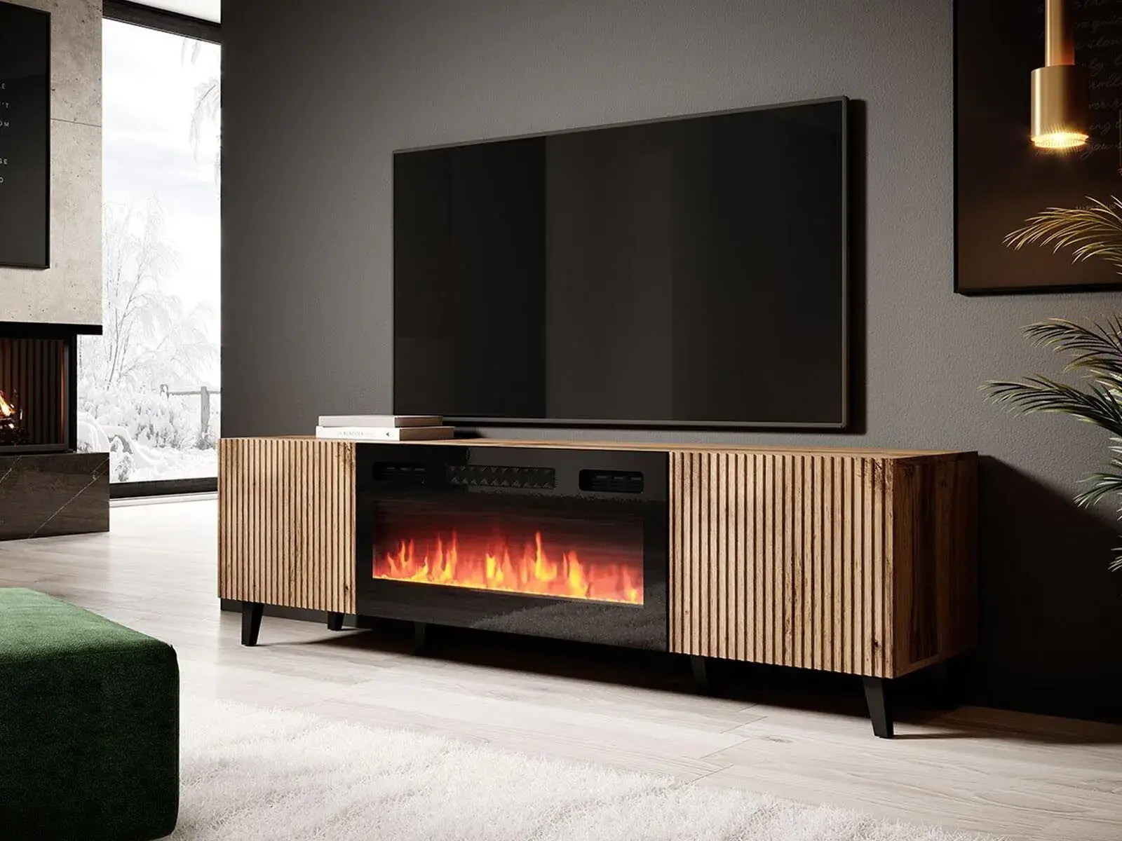 Tv-meubel Modern design met elektrische openhaard 181x42x50 cm Latten patroon