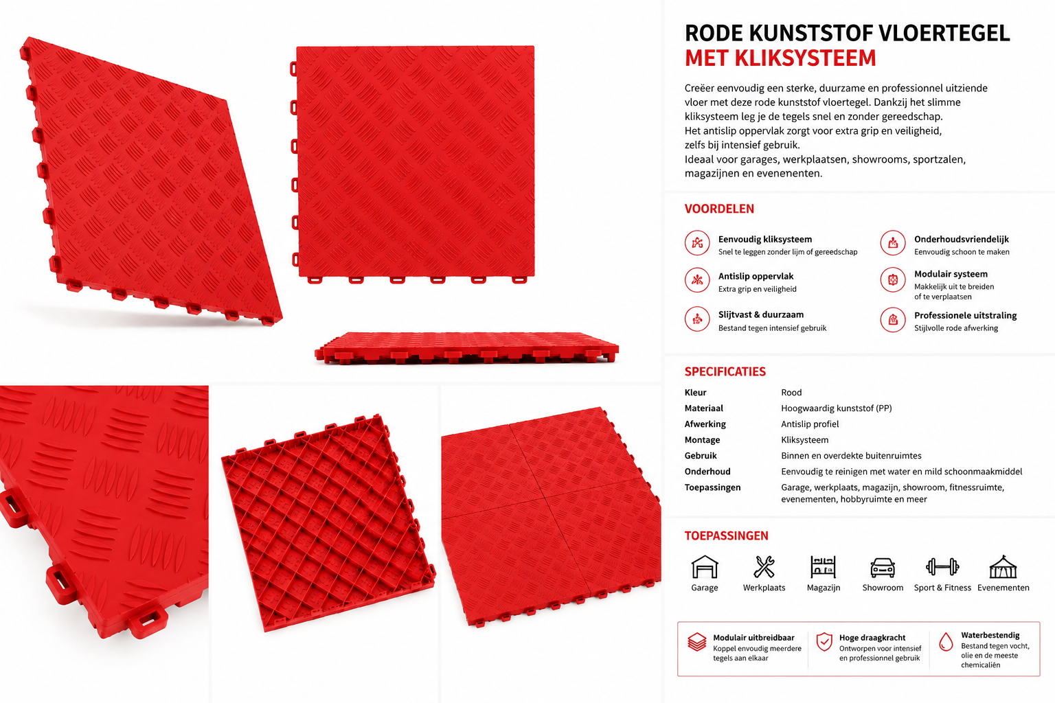 TM Garagevloer, Detailing tegel, dichte kliktegel hard rood 400x400x18mm