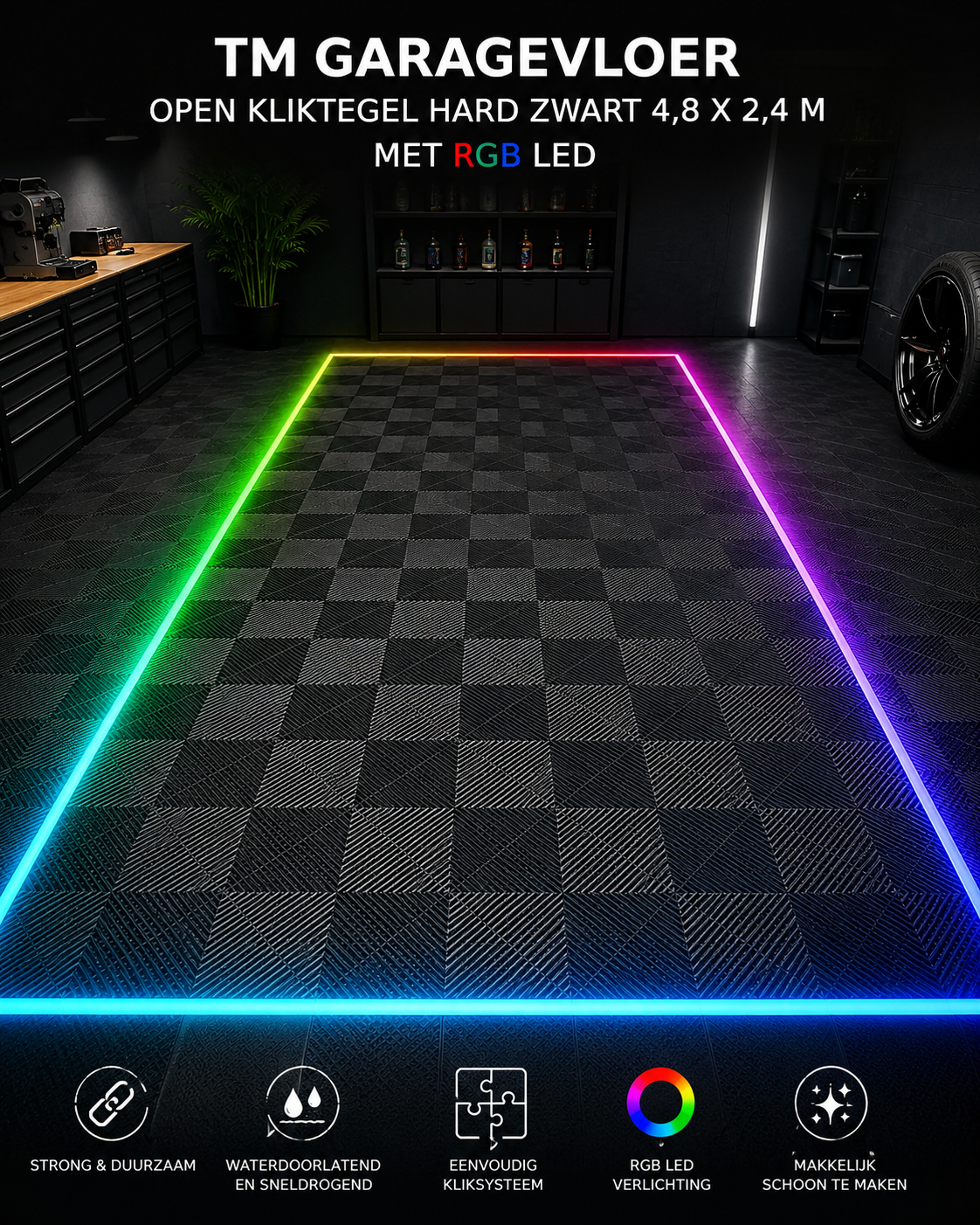 TM Garagevloer, Detailing tegel, Open kliktegel hard zwart 4,8 x 2,4m met RGB Led