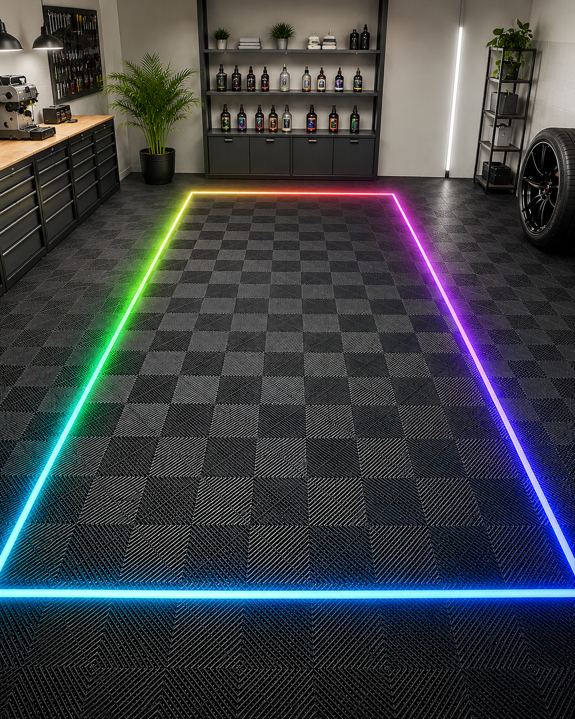 TM Garagevloer, Detailing tegel, Open kliktegel hard zwart 4,8 x 2,4m met RGB Led
