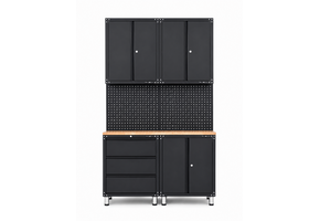 Premium black workshop interior with workbench and tool cabinets 7 pieces