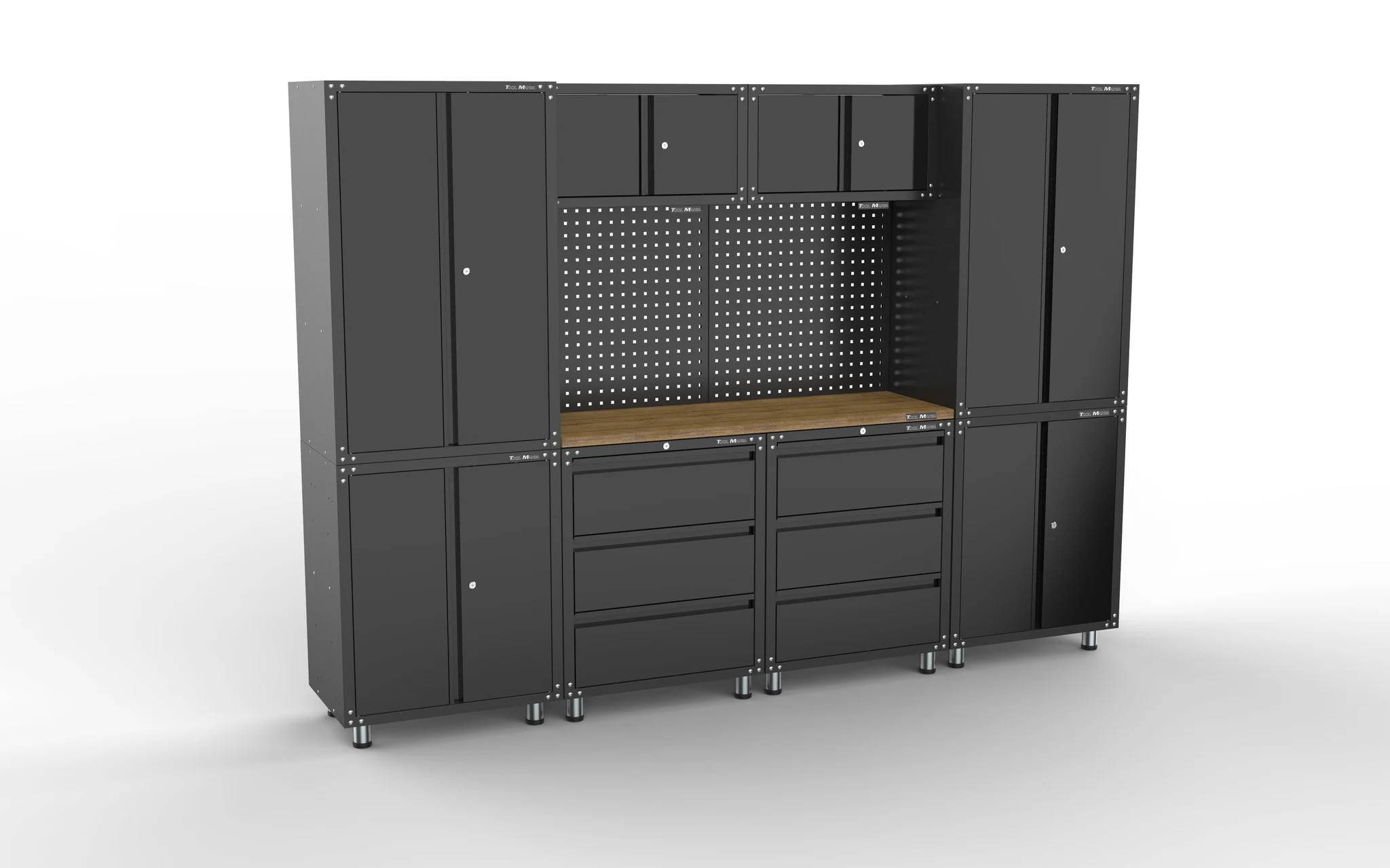 Premium zwarte werkplaatsinrichting met werkbank en gereedschapskasten 11 delig