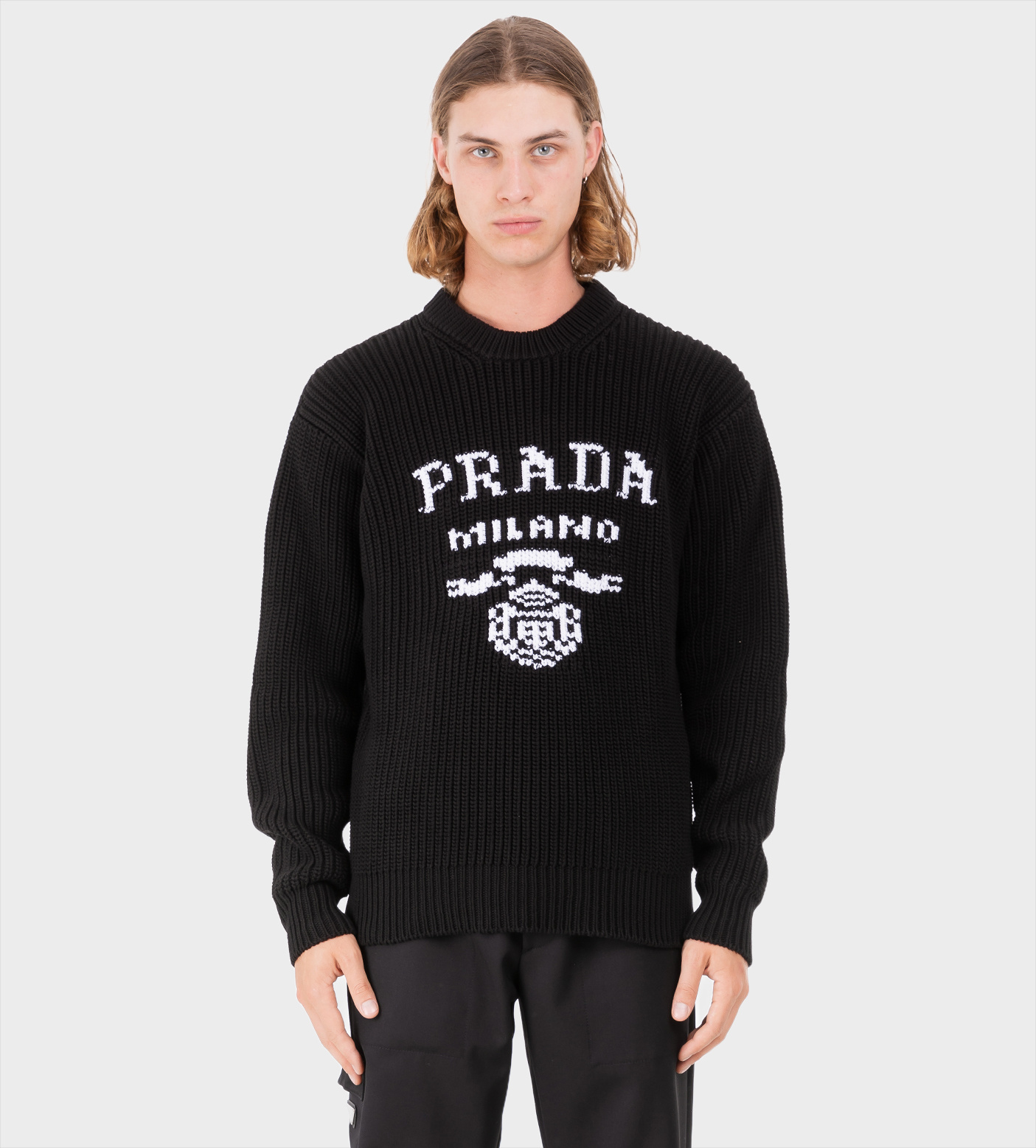 PRADA Intarsia-knit Logo Wool-blend Jumper Black