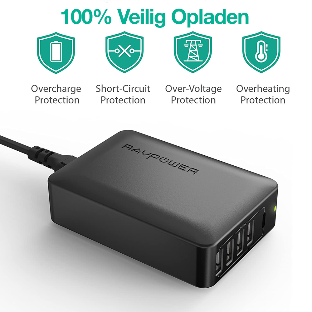 RAVPower RAVPower PD 60W 5-Port lader - RP-PC059 RAVPower RAVPower PD 60W 5-Port lader - RP-PC059