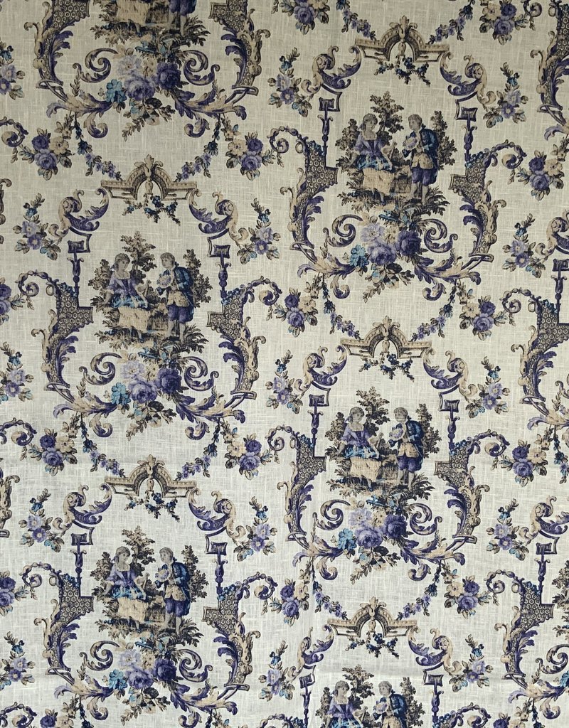 Blaues Toile de Jouy dekostoff in 100% Leinen