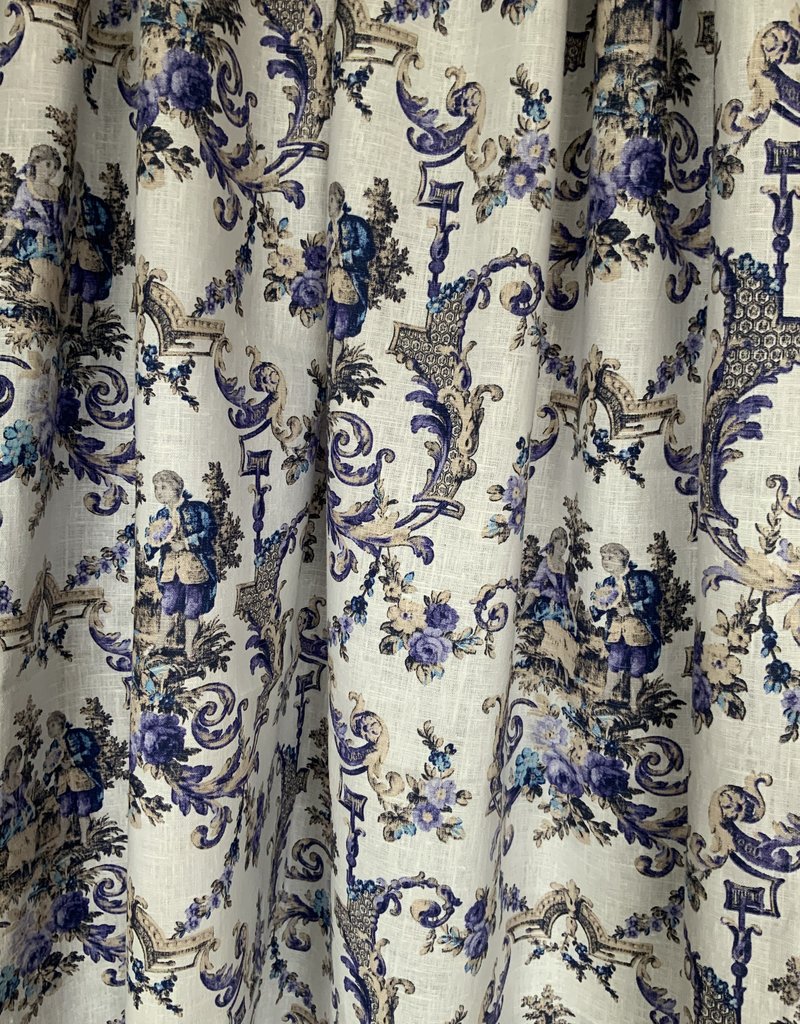 Decoratiestof blauwe Toile de jouy in 100% linnen