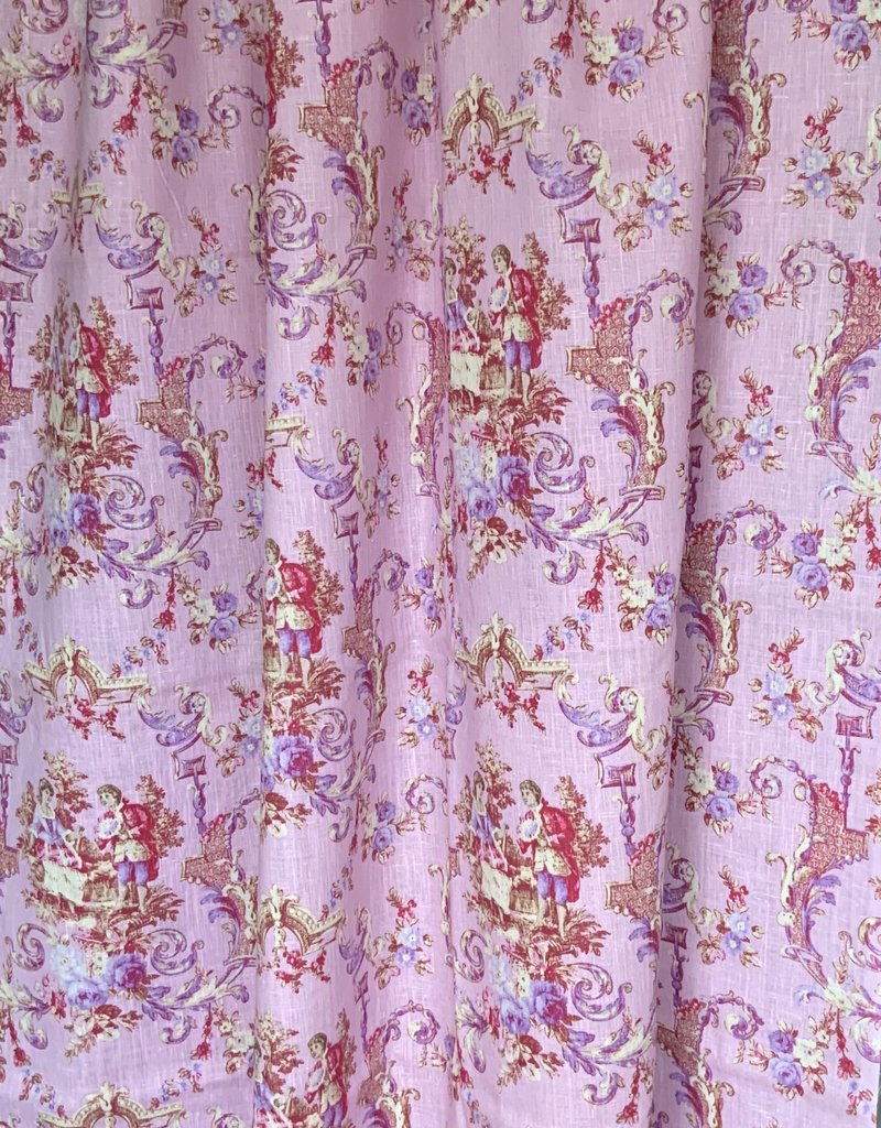 Decoratiestof roze Toile de jouy in 100% linnen Decoratiestof
