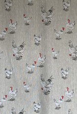 Decoratie stof met kip op 100% linnen.