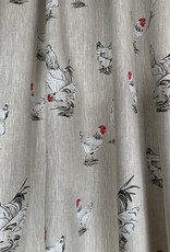 Decoratie stof met kip op 100% linnen.