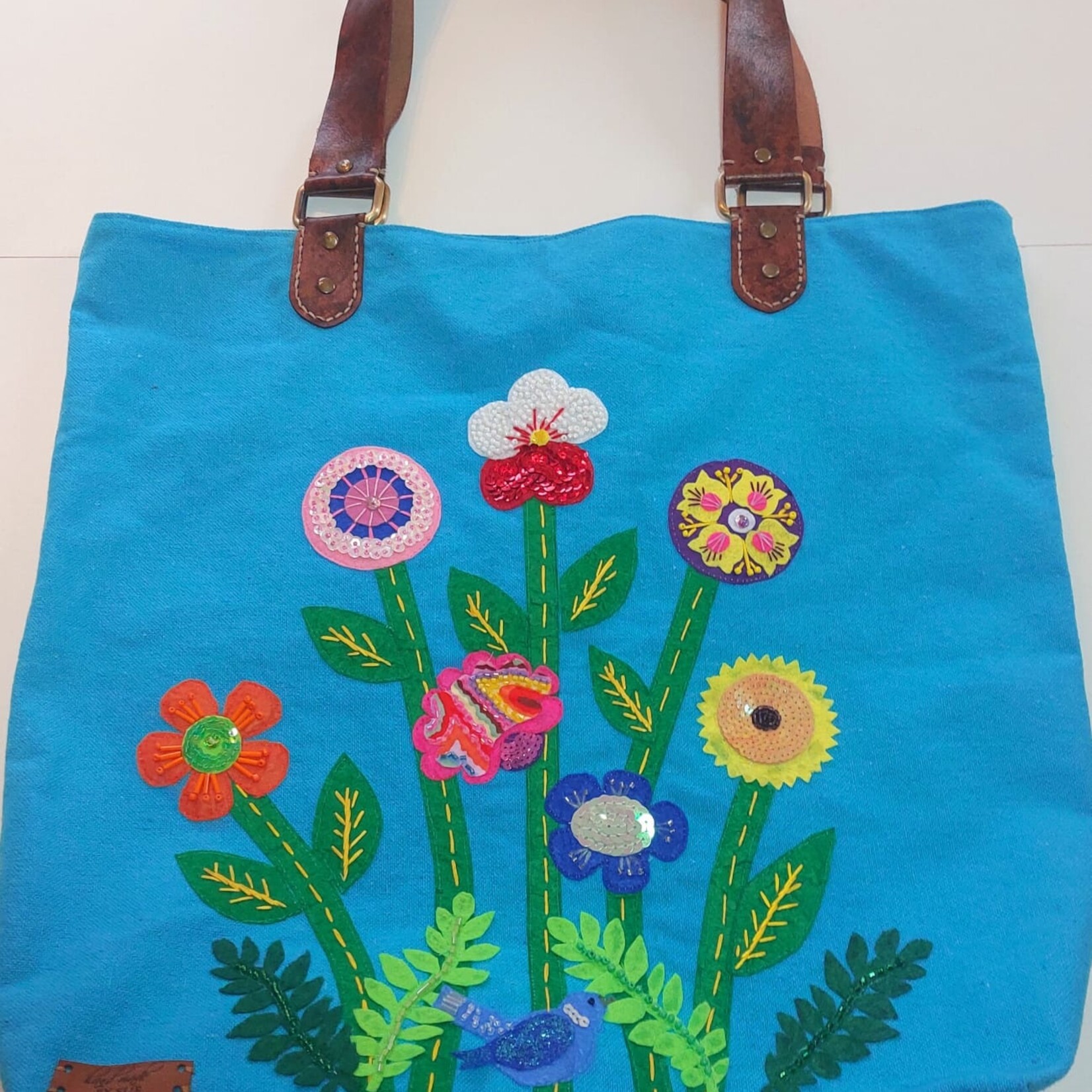 Handmade by Sue Handbag with flowers and a bird