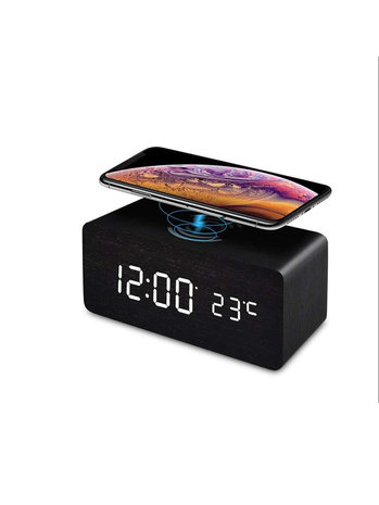 Digitale wekker van hout met draadloze oplader Digitale wekker van hout met draadloze oplader