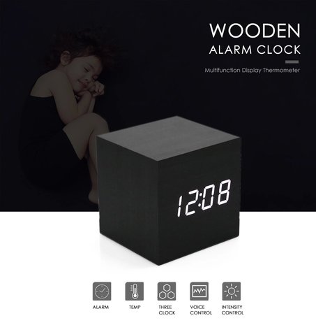 Houten digitale wekker klok / kalender / temperatuur - zwart Houten digitale wekker klok / kalender / temperatuur - zwart
