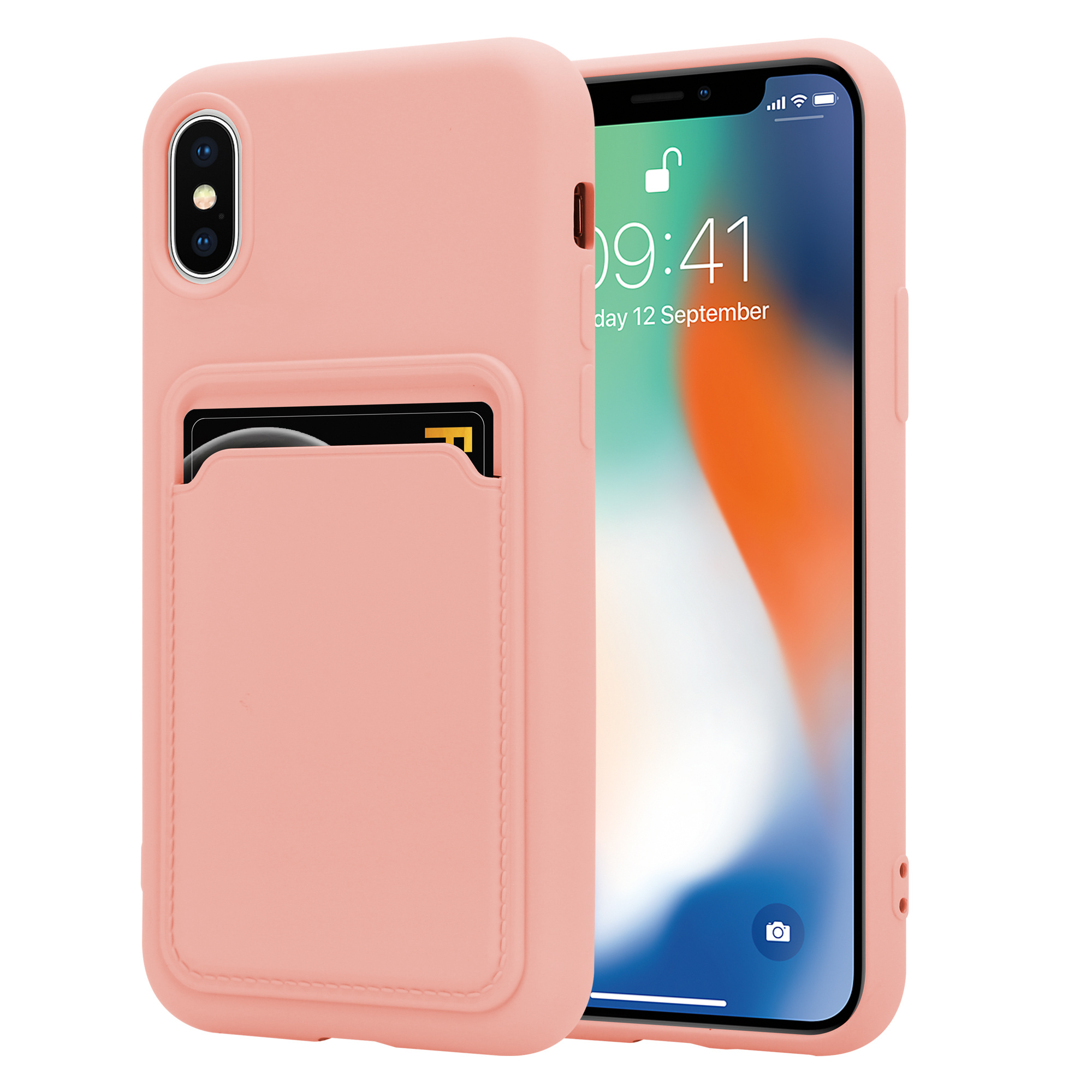 Stout bom slagader iPhone X / Xs siliconen hoesje met pasjeshouder (roze) - Phone-Factory
