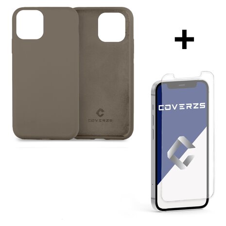 Coverzs Coverzs Luxe Liquid Silicone case iPhone 12 (grijs) + glazen Screen Protector