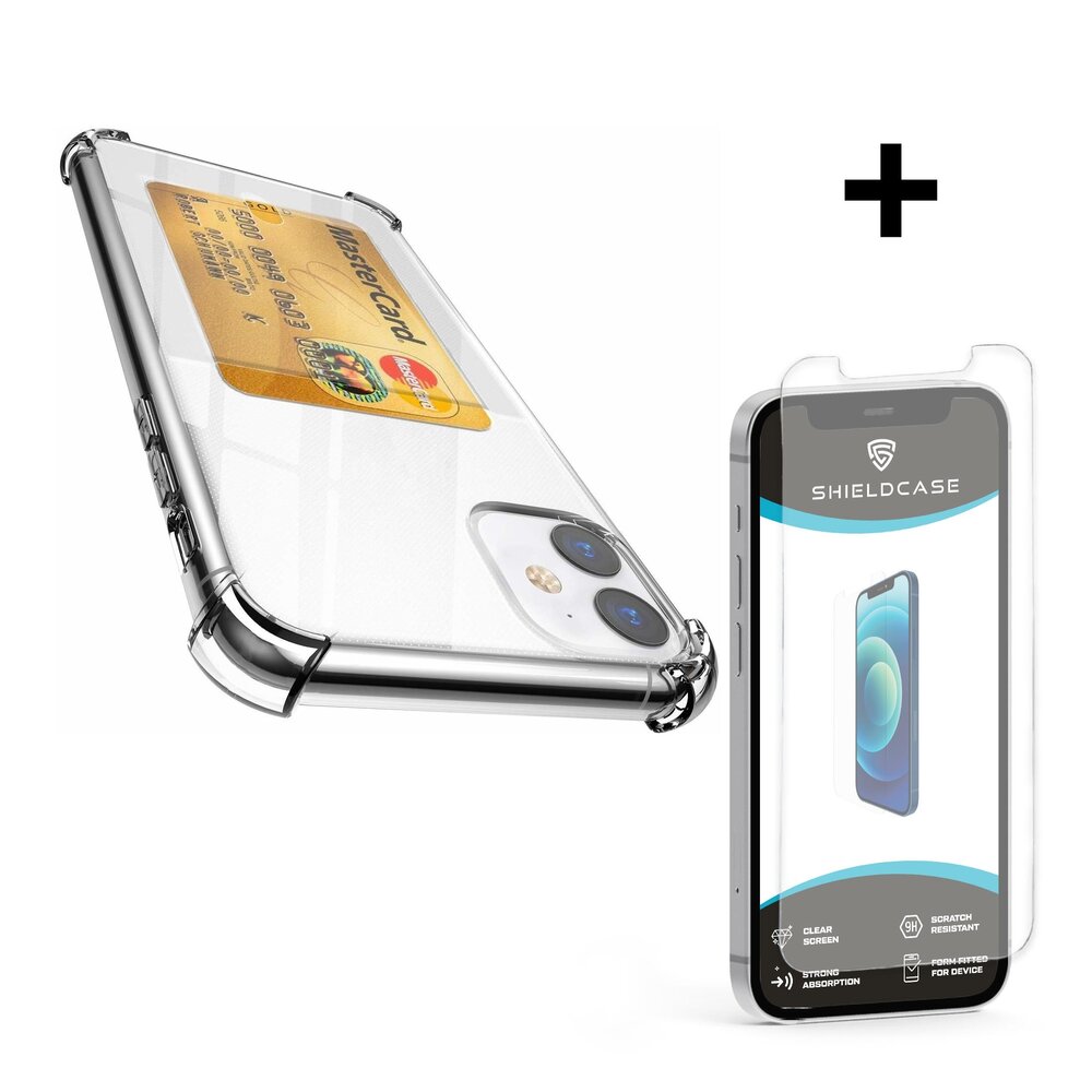 ShieldCase® ShieldCase Shock case met pasjeshouder iPhone 12 Mini - 5.4 inch (transparant) + glazen Screen Protector