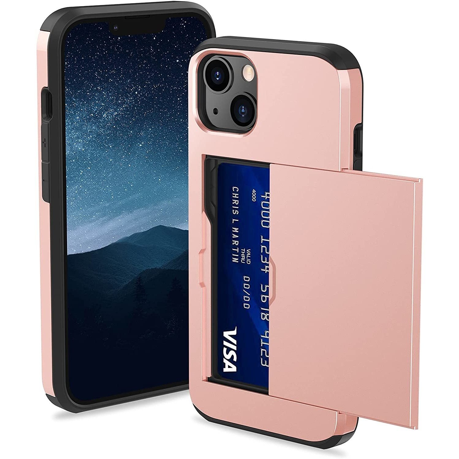Jaarlijks goochelaar materiaal Kaarthouder case met slide iPhone 13 Mini (roze) - Phone-Factory