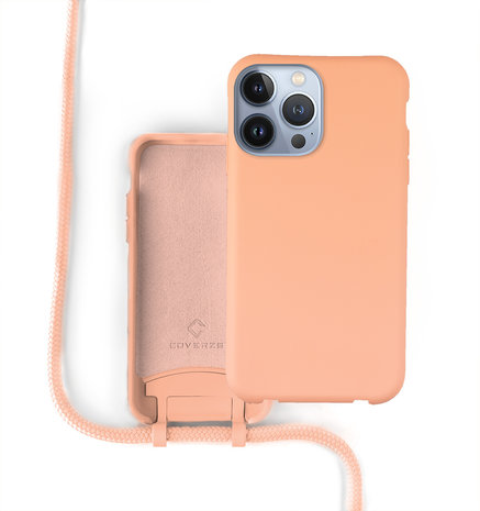 Coverzs Coverzs Silicone case met koord iPhone 13 Pro (oranje)