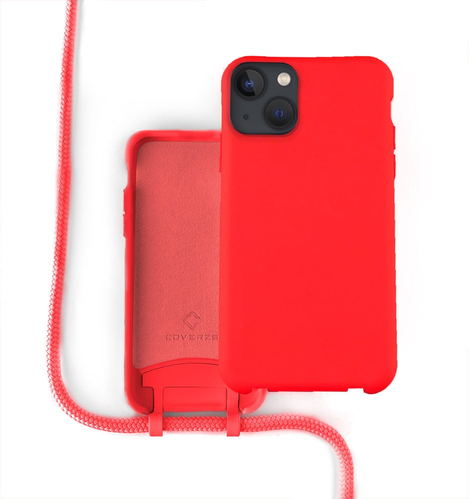 Coverzs Coverzs Silicone case met koord iPhone 13 (rood)