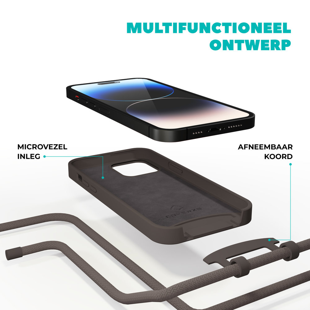 Coverzs Coverzs Silicone case met koord iPhone 14 (koffiezwart)