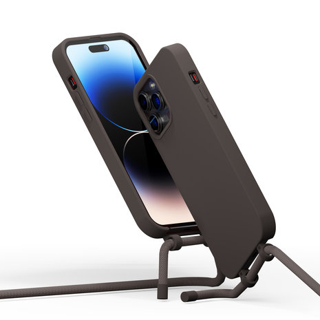 Coverzs Coverzs Silicone case met koord iPhone 14 Pro (koffiezwart)